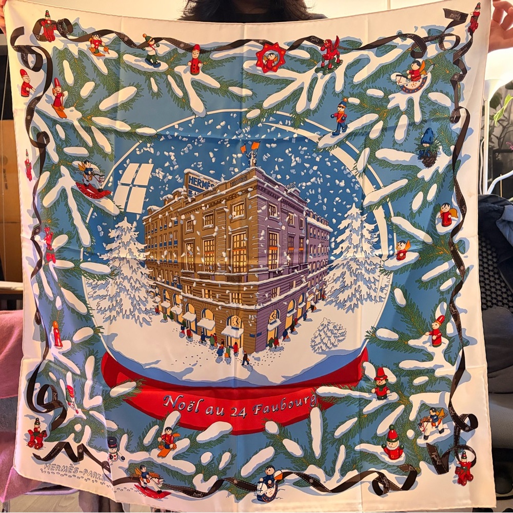 Hermes Festive Scarf with Blue and White Snowy Scene